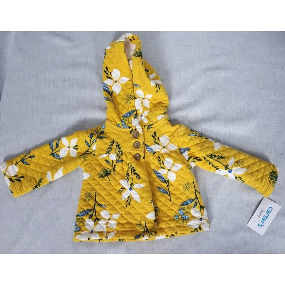 Carters Infant Girl Quilted Jacket Coat Yellow w/ flowers button Sz 12 mos Fall - Picture 1 of 5